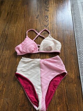 Two-Tone Pink & Cream Textured Bikini Set